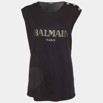 Pre Owned Balmain Black Logo Print Jersey Sleeveless T-Shirt L