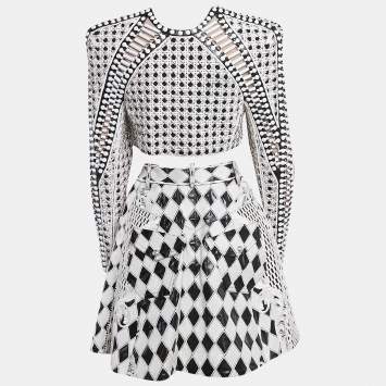 Pre Owned Balmain Black/White Crystal Embellished Wool and Leather Blazer and Skirt S