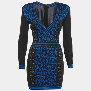 Pre Owned Balmain Black/Blue Leopard Knit Lace-Up Mini Dress S