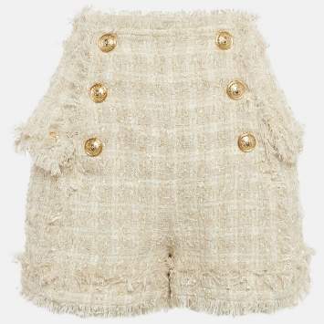 Pre Owned Balmain Off-White Tweed Gold Tone Button Detail Shorts M