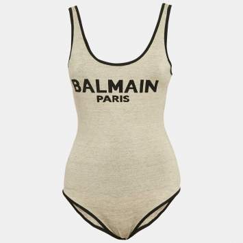Pre Owned Balmain Beige Linen Blend Knit Round Neck Bodysuit S