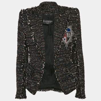 Pre Owned Balmain Black/Multicolor Tinsel Tweed Applique Detail Open Front Blazer S