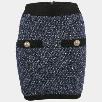 Balmain Blue Metallic Tweed Sequin Embellished Mini Skirt M