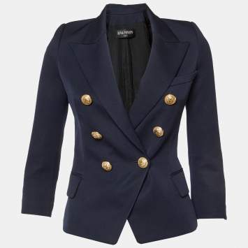 Pre Owned Balmain Navy Blue Wool Double Breasted Jacket S