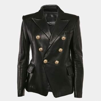 Pre Owned Balmain Black Leather Double Breasted Button Detail Jacket M