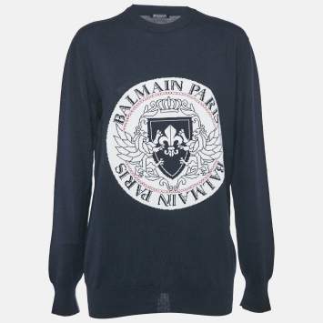 Balmain Navy Blue Intarsia Knit Crew Neck Sweater M