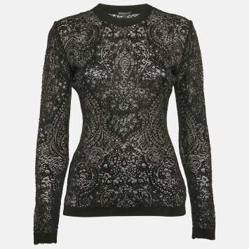 Balmain Black Patterned Mesh Sheer Pullover M