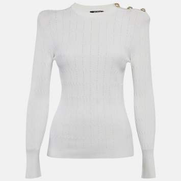 Balmain White Textured Pointelle Knit Crewneck Sweatshirt S
