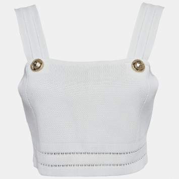 Pre Owned Balmain White Diamond Stretch Knit Crop Top M