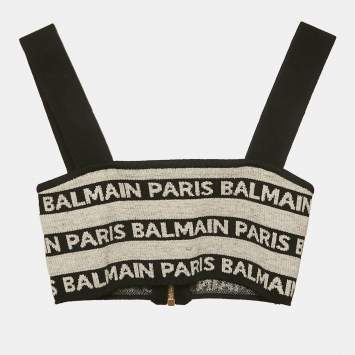 Pre Owned Balmain Black/Grey Logo Striped Stretch Knit Crop Top S