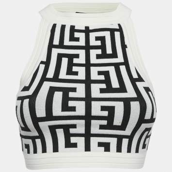 Balmain White/Black Monogram Knit Sleeveless Crop Top S