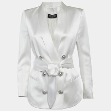 Balmain White Satin Belted Double Breasted Blazer M