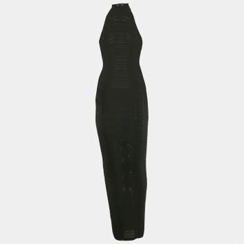 Balmain Black Patterned Stripe Knit Halter Neck Bodycon Dress S