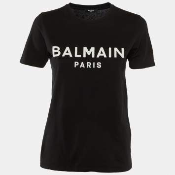 Pre Owned Balmain Black Logo Flock Print Cotton Crew Neck T-Shirt XS 