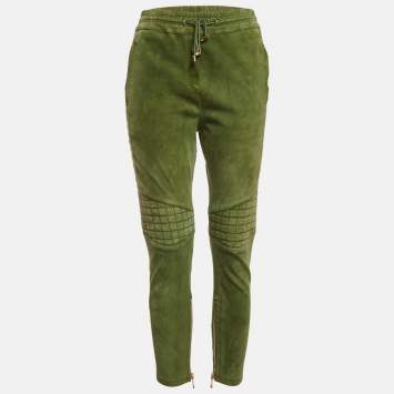 Pre Owned Balmain Olive Green Suede Quilt Detail Pants M