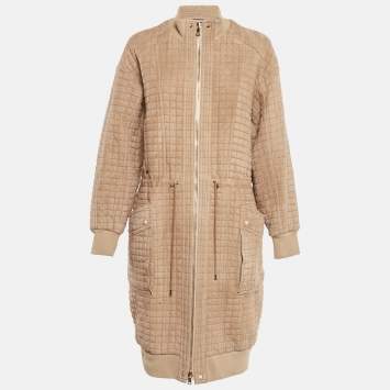 Pre Owned Balmain Beige Suede Zip-Up Quilted Long Coat M