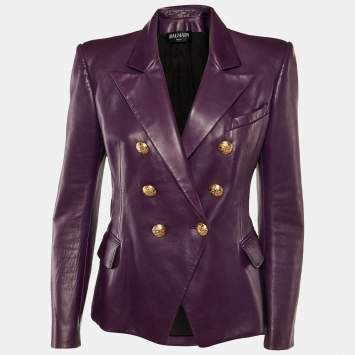 Pre Owned Balmain Purple Leather Double Breasted Blazer L