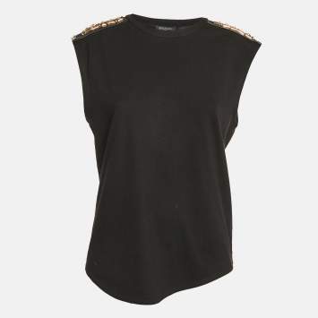 Balmain Black Leather and Brass Shoulder Embellished Jersey T-Shirt M