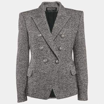 Pre Owned Balmain Black/White Herringbone Button Detail Double Breasted Blazer L