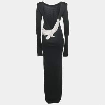 Pre Owned Balmain Black Eagle Embroidered Cotton Knit Plug Neck Maxi Dress M