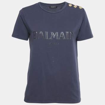 Pre Owned Balmain Blue Logo Print Cotton Button Detail Top M