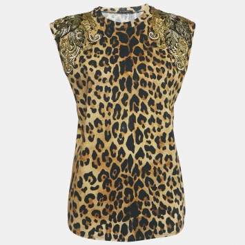 Pre Owned Balmain Brown Leopard Print Embellished Cotton Blend Knit Tank Top M