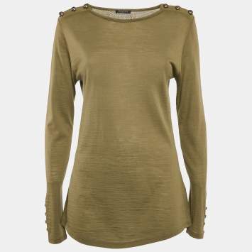 Pre Owned Balmain Olive Green Wool Button Detail Long Sleeve T-Shirt L