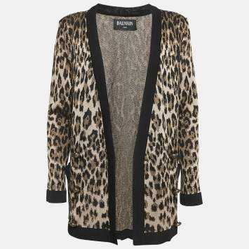 Balmain Brown Leopard Jacquard Knit Button Detail Open Front Cardigan M