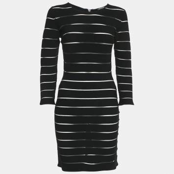 Pre Owned Balmain Black Striped Jersey Long Sleeve Mini Bodycon Dress L