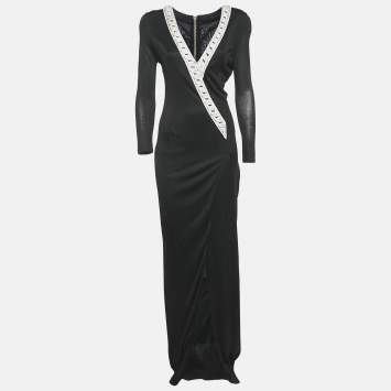 Pre Owned Balmain Black Jersey Crystal Embellished Slit Detail Maxi Dress L