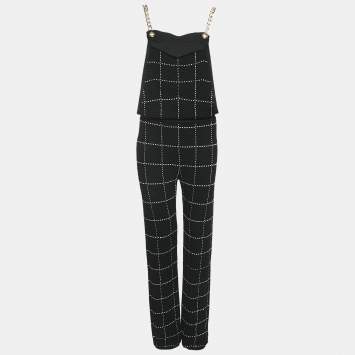 Pre Owned Balmain Black Patterned Knit Chain Strap Detail Jumpsuit M