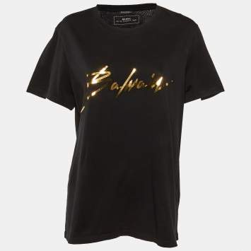 Pre Owned Balmain Black Foil Logo Cotton Crew Neck T-Shirt XXL