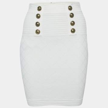 Balmain White Stretch Button Embellished Knit Mini Skirt S