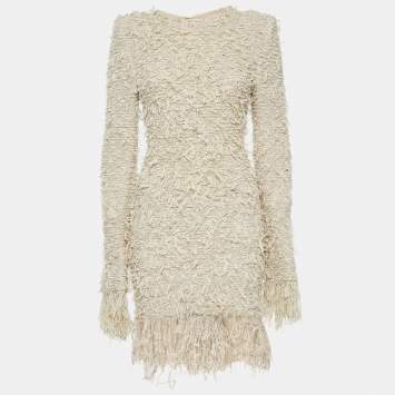 Pre Owned Balmain Beige Stretch Tweed Raw Edge Detail Mini Bodycon Dress M
