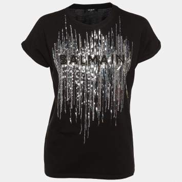 Pre Owned Balmain Black Logo Embellished Crew Neck T-Shirt XS