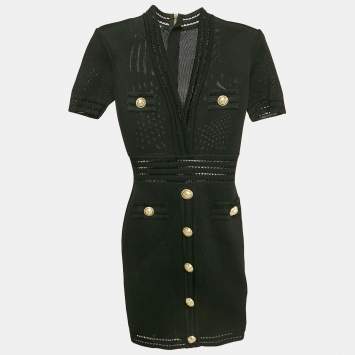 Pre Owned Balmain Black Mesh Knit Button Detail Bodycon Mini Dress M
