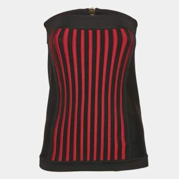 Pre Owned Balmain Black Knit Corset Zip-Up Strapless Crop Top M