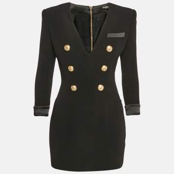 Pre Owned Balmain Black Crepe Double Breasted Mini Dress M