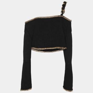 Pre Owned Balmain Black Rib Knit Chain Trim Off The Shoulder Crop Top M