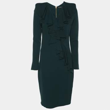 Balmain Green Crepe Ruffle Midi Dress M