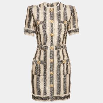Balmain Beige/Black Frayed Sequin Striped Piqué Mini Dress S