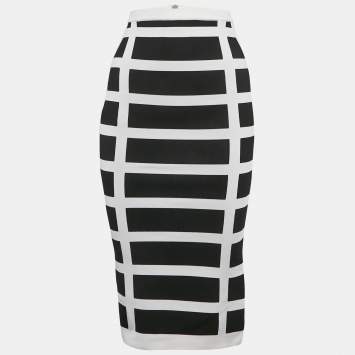 Balmain White/Black Intarsia Knit Zip-Up Pencil Midi Skirt S
