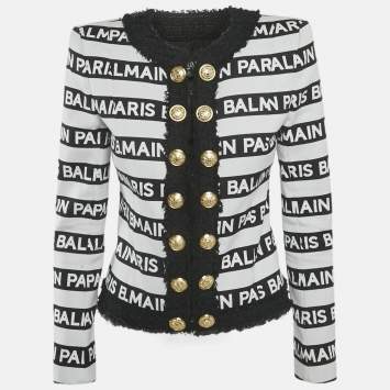 Balmain White/Black Striped Logo Cotton Tweed Trim Blazer M