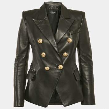 Balmain Black Leather Double Breasted Jacket M