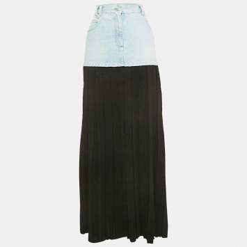 Balmain Blue/Black Denim and Lurex Knit Pleated Maxi Skirt M