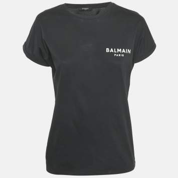 Balmain Black Logo Print Cotton Button Detail T-Shirt XL