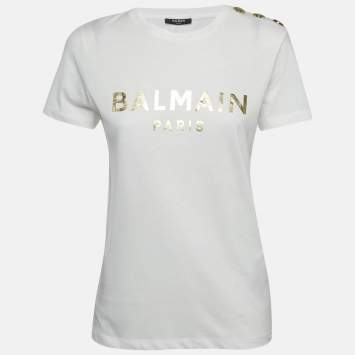 Pre Owned Balmain White Logo Print Cotton Button Detail T-Shirt XS