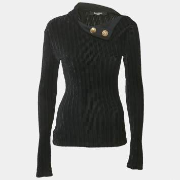 Pre Owned Balmain Black Velvet Rib Knit Pullover S