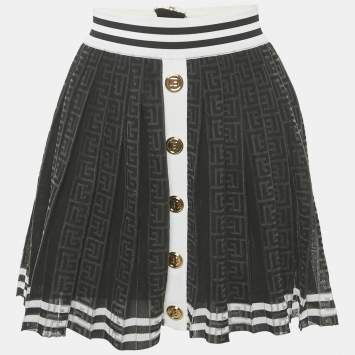 Pre Owned Balmain Black Monogram Mesh Pleated Mini Skirt S