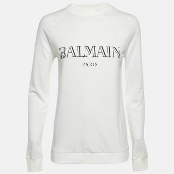 Pre Owned Balmain White Logo Print Cotton Crew Neck Sweatshirt S